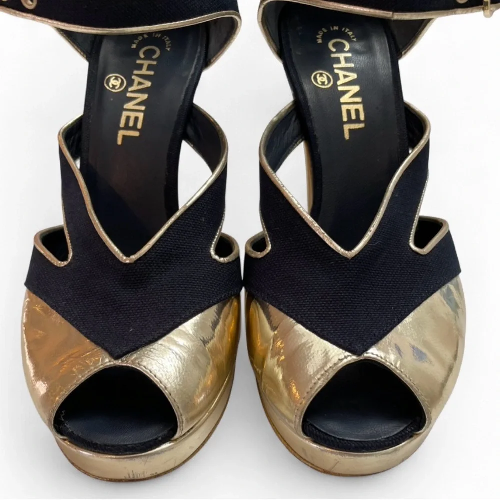 Chanel Gold Leather & Navy Peep-Toe Heels Size 7.5